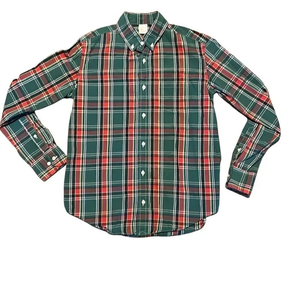 Crewcuts Boys 14 100% Cotton Green Red White Plain Long Sleeve Button Down Shirt